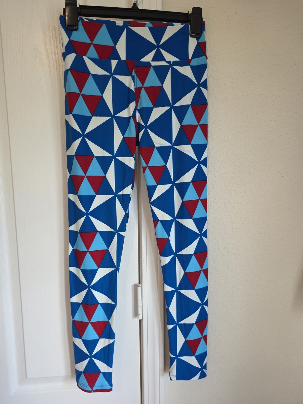 Ladies Geometric Print Leggings - Blue, White & Red